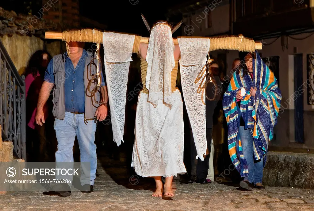 ´Empalaos´ impaleds, Holy Week in Valverde de la Vera  Empalao and family Caceres province, Extremadura, Spain