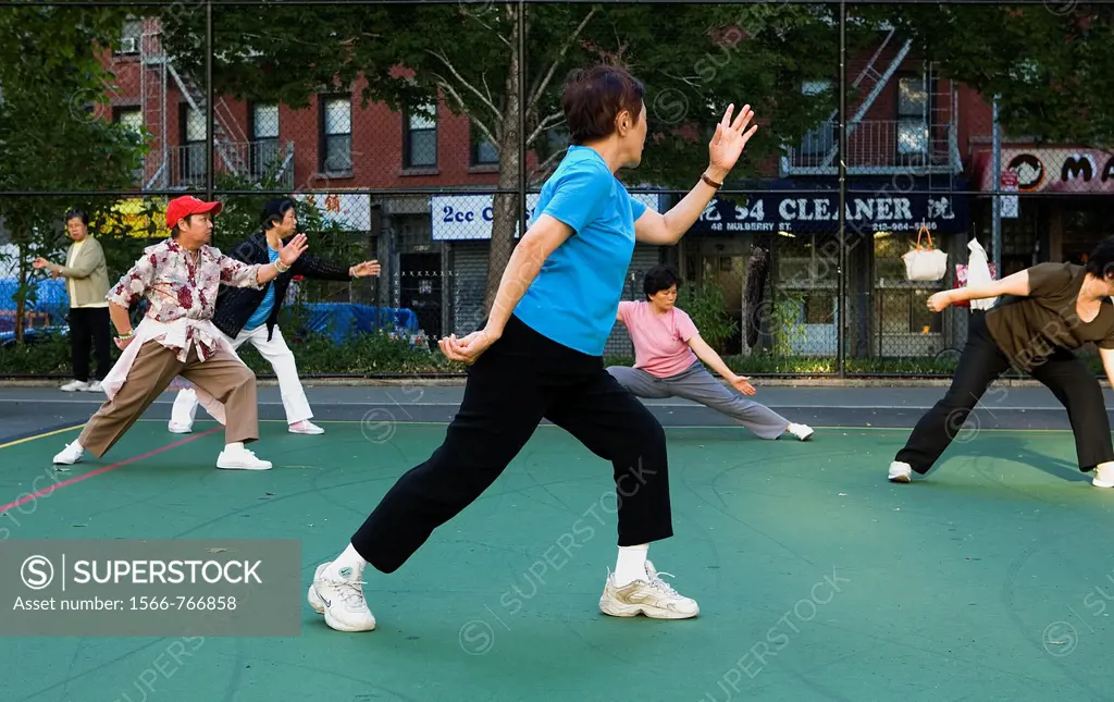 Chinese people performing early morning Tai Chi exercises,New York City, USA