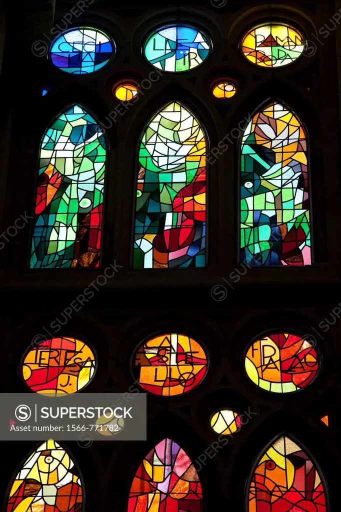 Stained Glass Windows in the Sagrada Familia Church designed by Gaudi in Barcelona, Catalonia, Spain