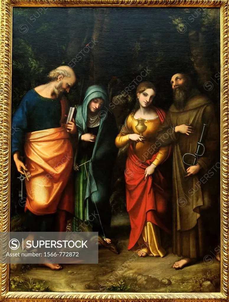 Saints Peter, Martha, Mary Magdalene, and Leonard, ca  1514-16, by Correggio Antonio Allegri, Italian, Parma, Oil on canvas, 87 1/4 x 63 3/4 in  221 6...