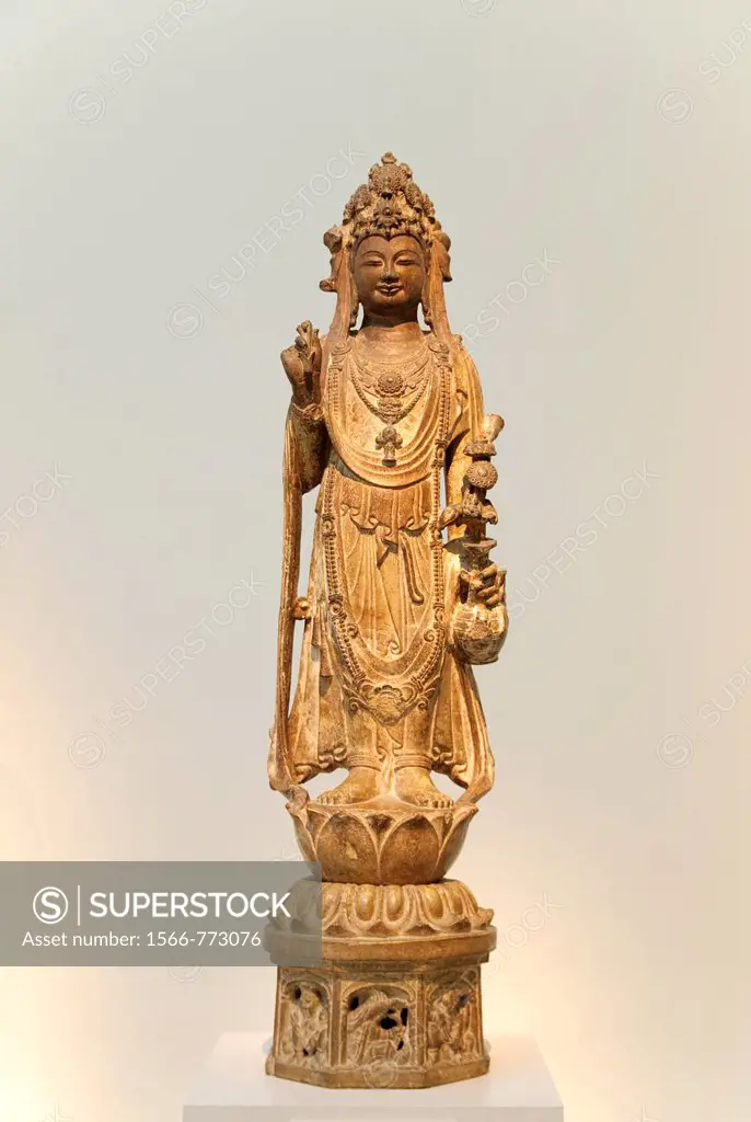 Bodhisattva Avalokiteshvara, Guanyin, style of late 6th-early 7th century, Sui dynasty 581-618, Limestone with traces of pigment H  39 2/3 in  100 8 c...