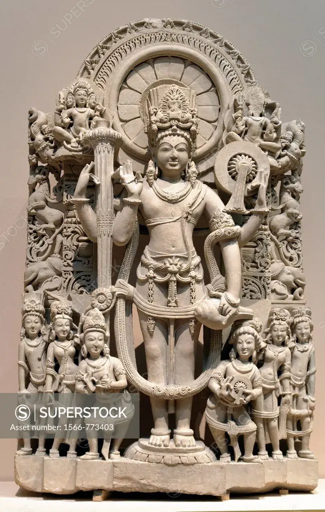 Vishnu, 10th-11th century, India, Punjab, Sandstone Gr  H  43 1/2 in , 110 5 cm, W  25 5/8 in , 65 1 cm, D  10 in , 25 4 cm, Metropolitan Museum of Ar...