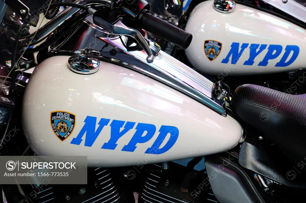 New York Police Departments Harley-Davidson Electra Glide motorcycles parked in Times Square, 42nd Street, Theater District, and elegant and popular ...