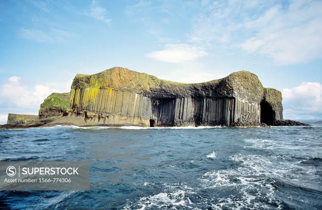 Basalt rock columns of the island of Staffa, Inner Hebrides, Scotland  Entrance to Fingal´s Cave on right side