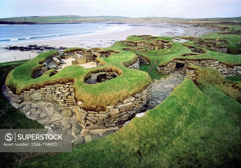 Skara Brae stone age village 3100 BC  Orkney, Scotland  Excavated from sand dune showing individual houses and connecting alleys