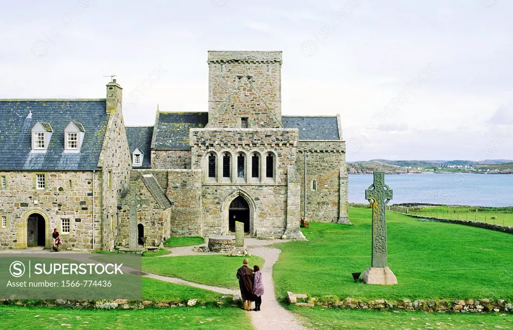 Iona Abbey, Inner Hebrides, Scotland  Abbey and high cross on early Celtic Christian island of Iona founded by Saint Columba