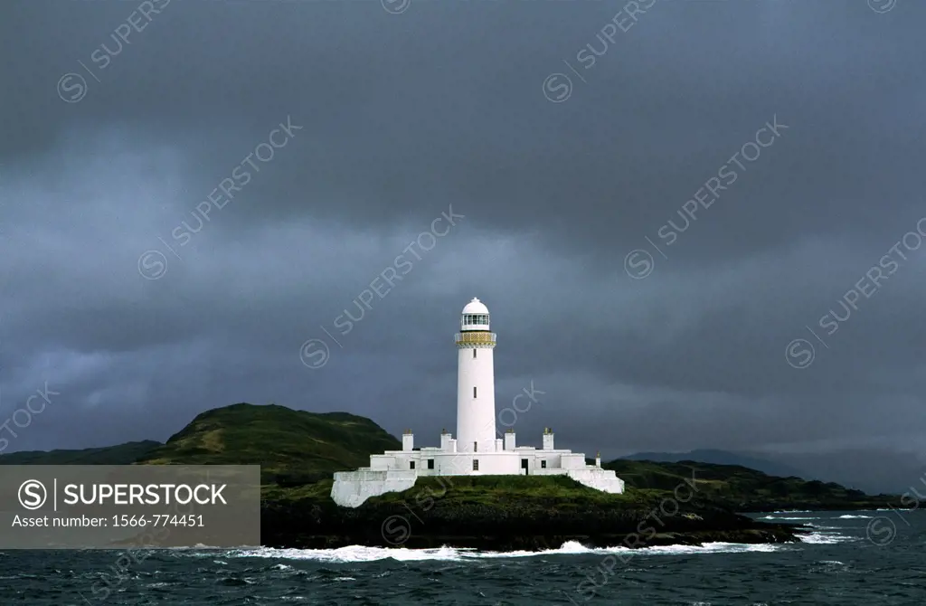 Lighthouse on Eilean Musdile at southern tip of island of Lismore in the Firth of Lorn, Argyll and Bute, western Scotland, UK