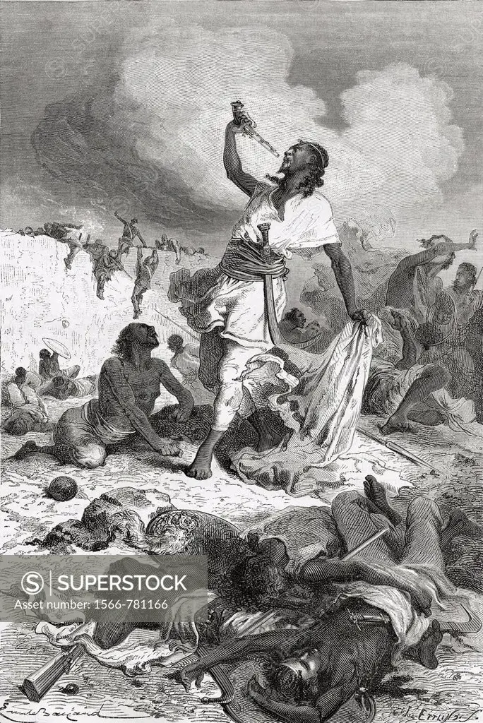 Tewodros II committing suicide  Tewodros II, baptized Theodore II c  1818 to 1868  Emperor of Ethiopia  From El Mundo en la Mano published 1875