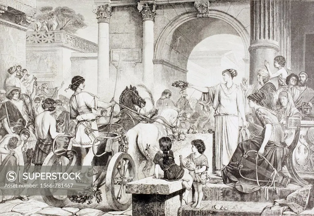 Ancient Greek Olympic Games  The winner of the chariot race is saluted and offered the champion´s crown  After a work by de Courten  From El Mundo Ilu...