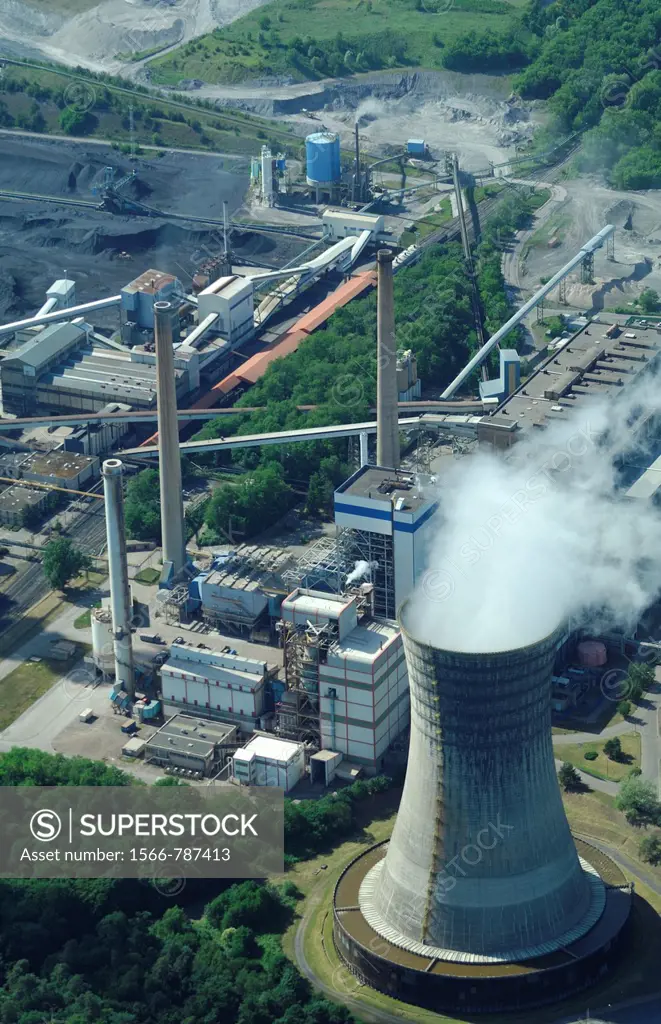Aerial view of coal electrical power station Emile Huchet, Carling / Saint Avold, Moselle, Lorraine, France