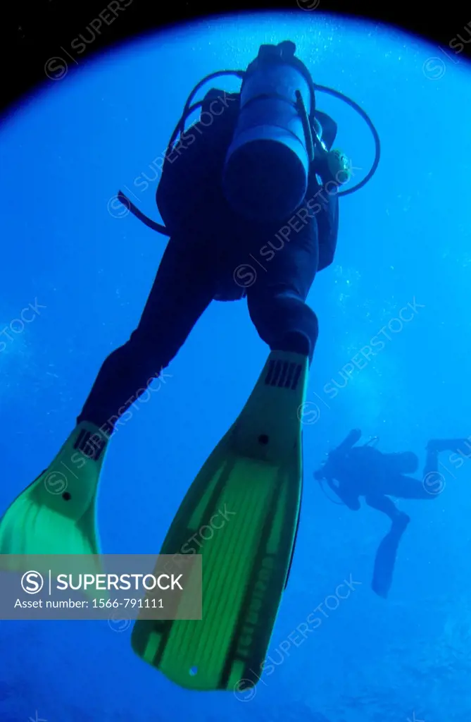 Two scuba divers swimming around Cathedral Dive Spot, Pango Point, Efate Island, Vanuatu