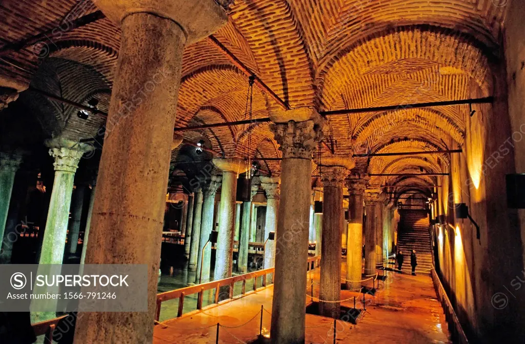 Columns inside one of many Byzantine cisterns underneath Istanbul, Turkey