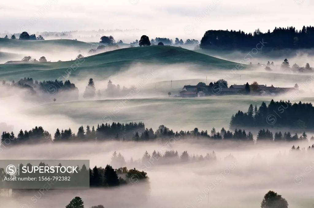 Autumn mist clears from rolling hills of Allgaeu region as near village of Eisenberg, Bavaria, Germany