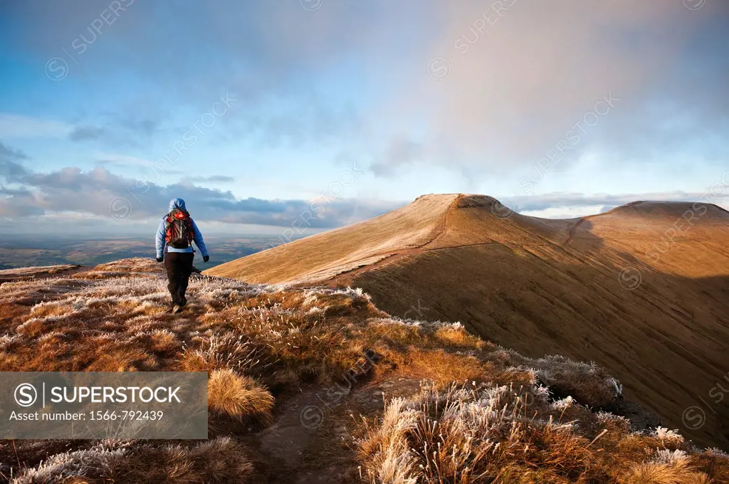 Female hiker with Corn Du and Pen Y Fan in Background, Brecon Beacons national park, Wales