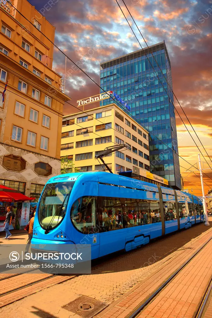 Modern tram in the Square of Ban Josip Jelacic, Zagreb, Croatia