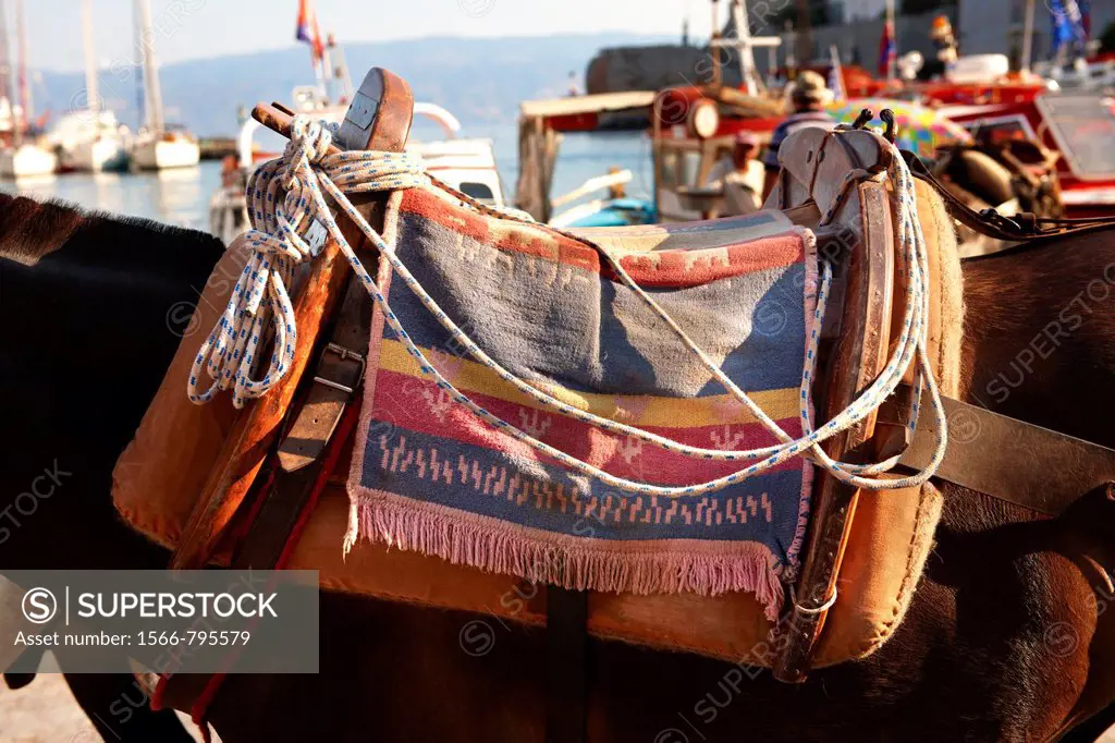 Pack Ponies saddles close up on Hydra, Greek Saronic Islands