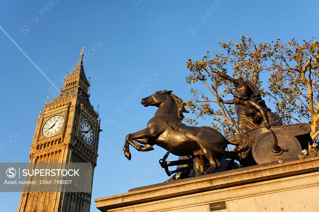The Boadicea statue and Big Ben clocktower, London, UK