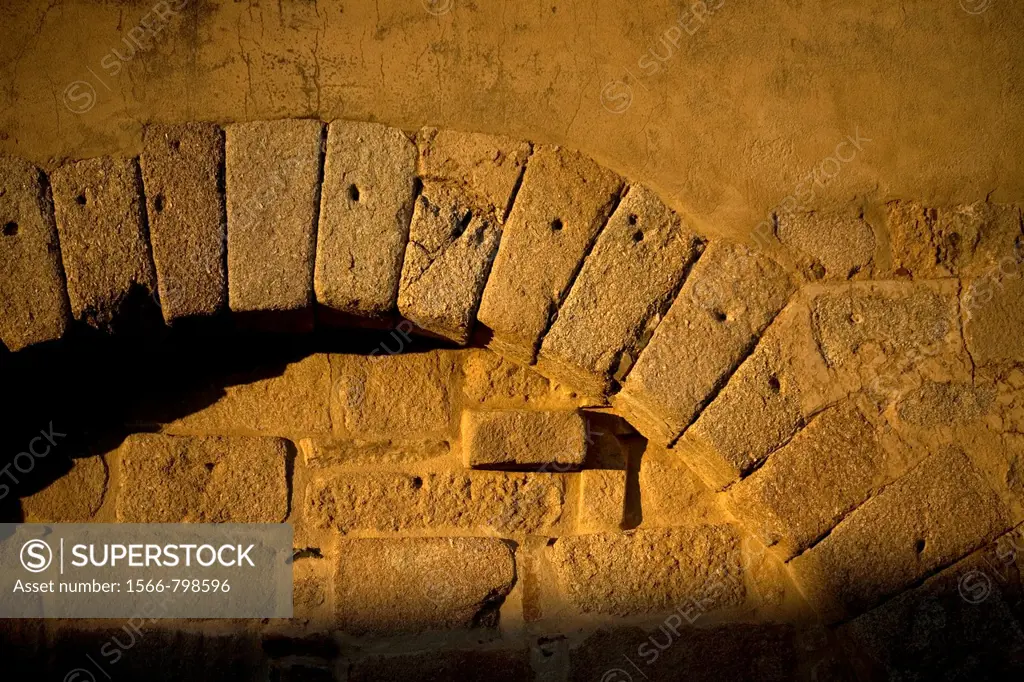 A sealed door among the ruins of the Islamic fortress called Alcazaba in Merida, Badajoz province, Extremadura region, Spain.