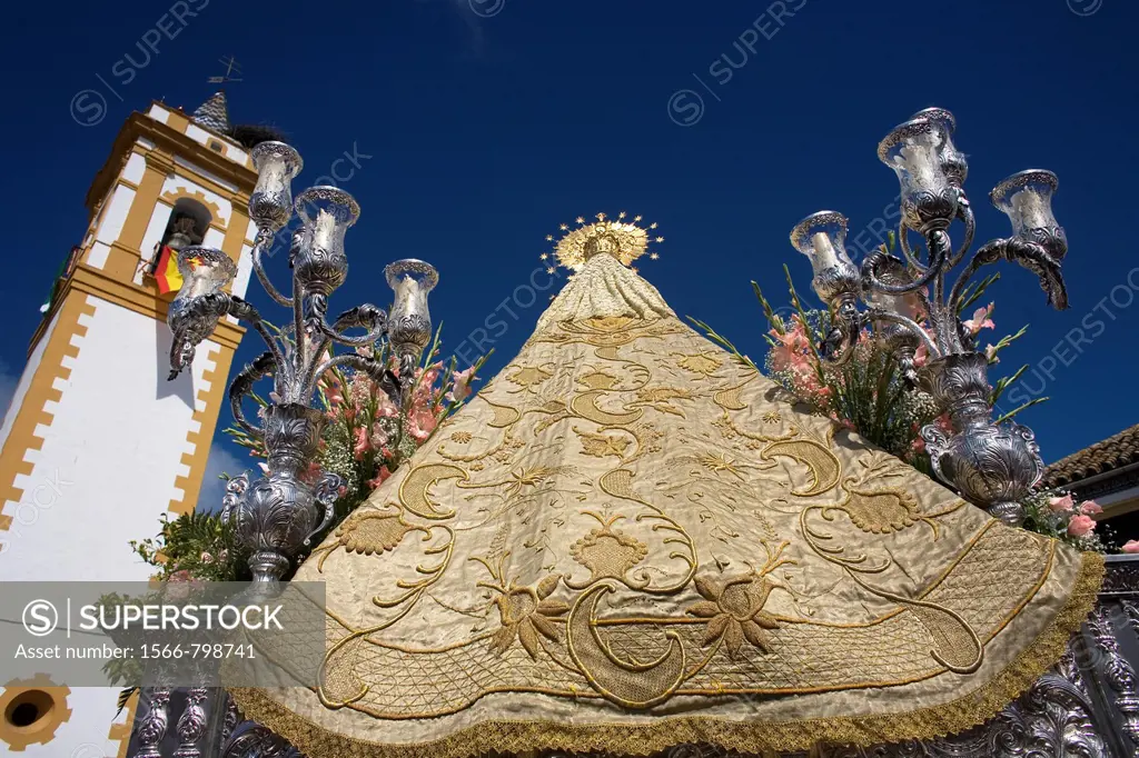 A wooden statue of the Virgin Carmen is publicly displayed during a Holy Week procession in the town of Prado del Rey in southern Spain´s Cadiz Sierra...