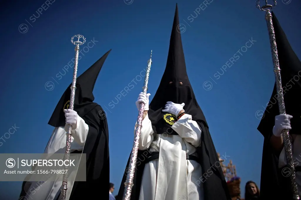Penitents of the Jesus del Silencio brotherhood, known as the Brotherhood of Love perform in an Easter Holy Week procession in Cordoba, Andalusia, Spa...