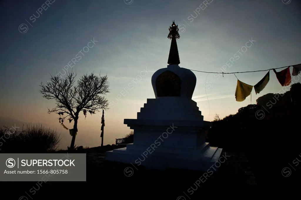 Stupa at dusk in Osel Ling Buddhist center in the Alpujarra, Granada, Andalusia, Spain