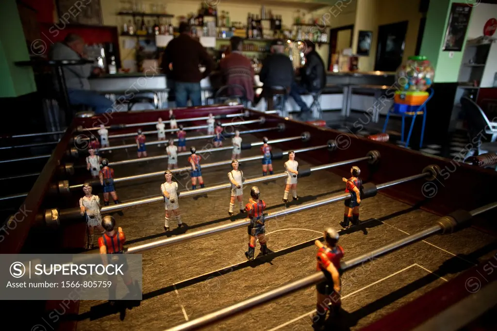 Table football with players from Barcelona and Madrid in a bar in a town,Alpujarra,Granada,Andalusia,Spain