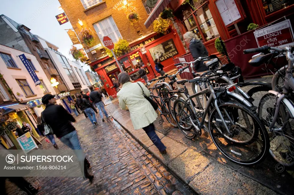 The bicycles are very used by the Dubliners  Temple Bar at the end  Dublin, Leinster, Ireland, Europe