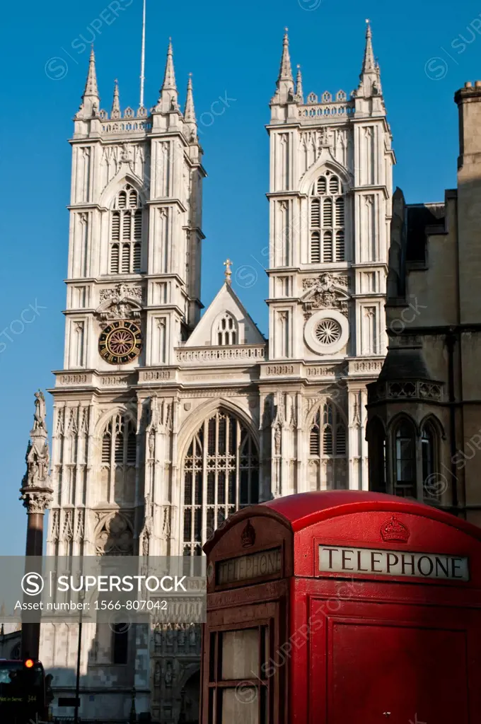 Westminster Abbey and telephone booth,London, UK