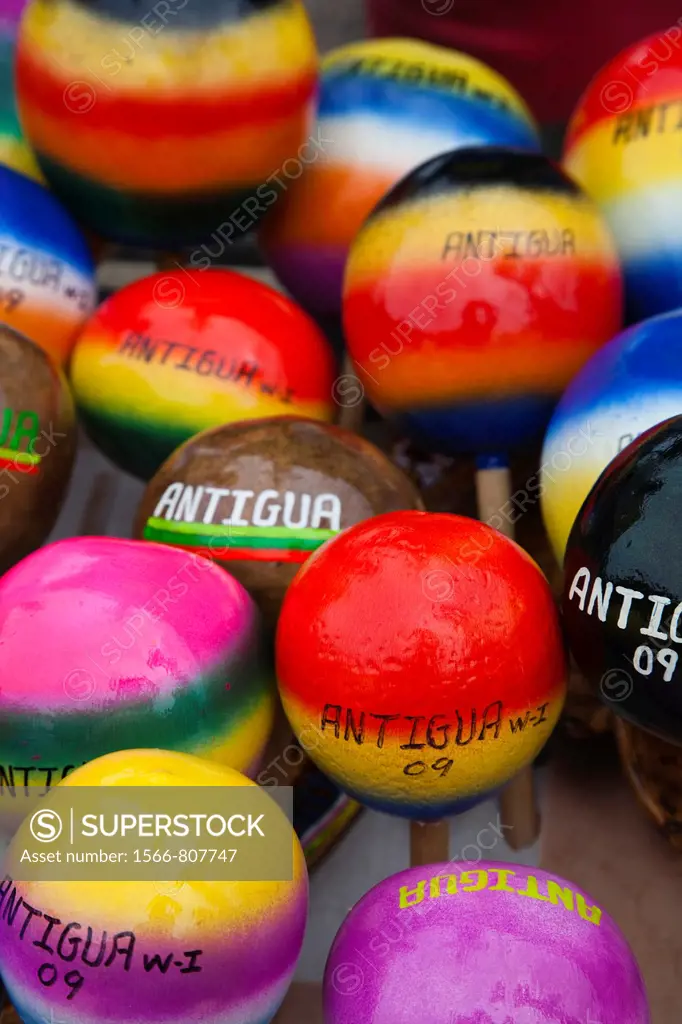 Multicoloured maracas for sale from a street vendor in St Johns, Antigua, Caribbean, West Indies