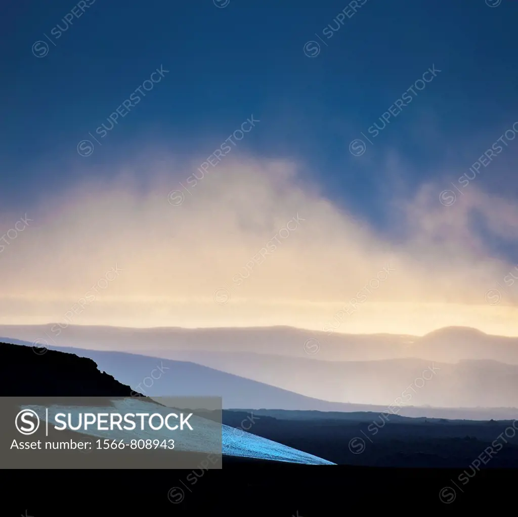 Sunset over ash filled landscapes, Mt Thoristindur  Grimsvotn volcanic eruption, Iceland  Eruption began on May 21, 2011 spewing tons of ash