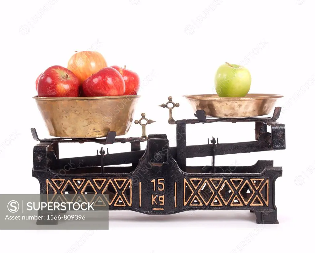 Old-fashioned balance scale with apples isolated on white background
