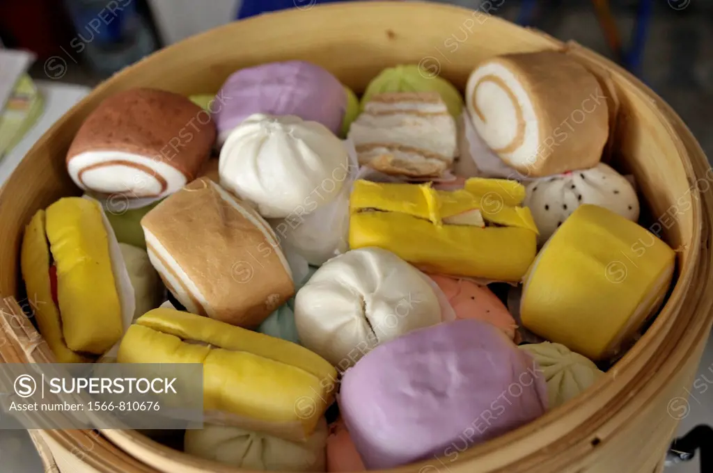chinese colourful buns and cakes , chinese delicacy, chinatown , bangkok, thailand