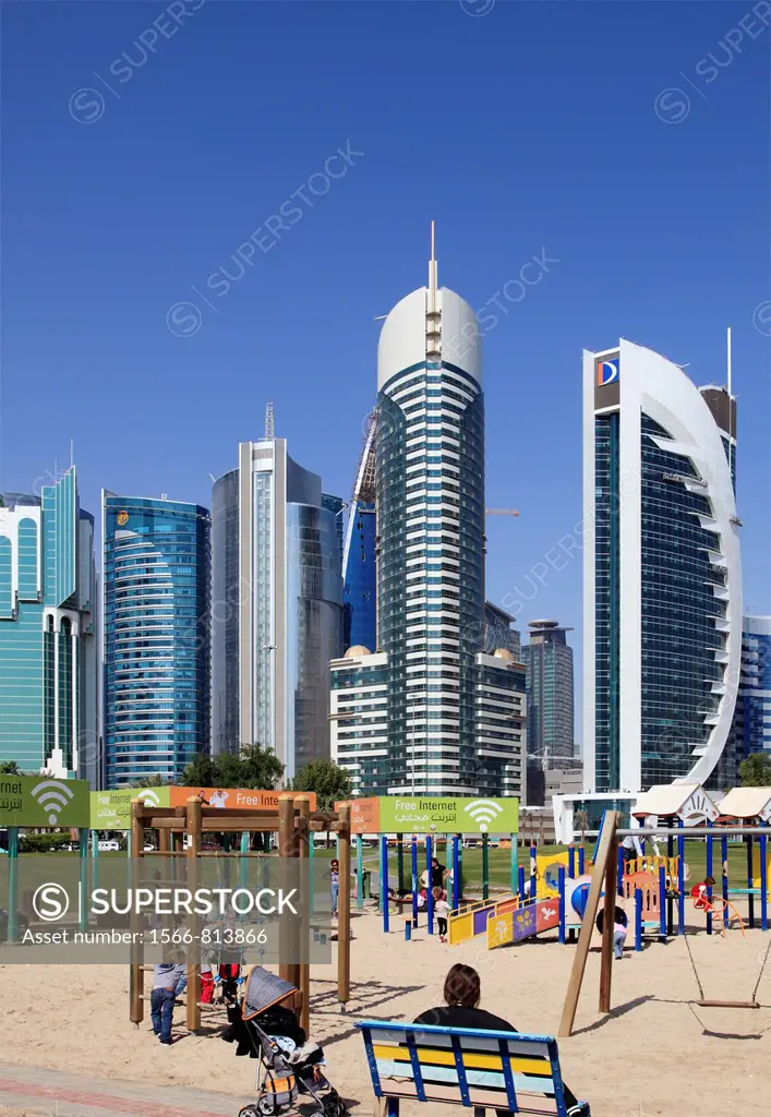 Qatar, Doha, Al Corniche Street, modern architecture, playground,
