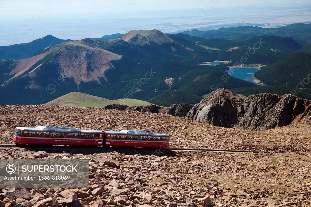 Colorado Springs, Colorado - The Manitou and Pikes Peak Railway near the summit of Pikes Peak  The cog railway takes tourists to the top of the 14,100...