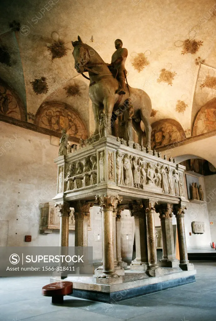 Milan  Italy  Equestrian statue & mausoleum of Bernabo Visconti by Bonino da Campione 1363 on display at the Castello Sforzesco
