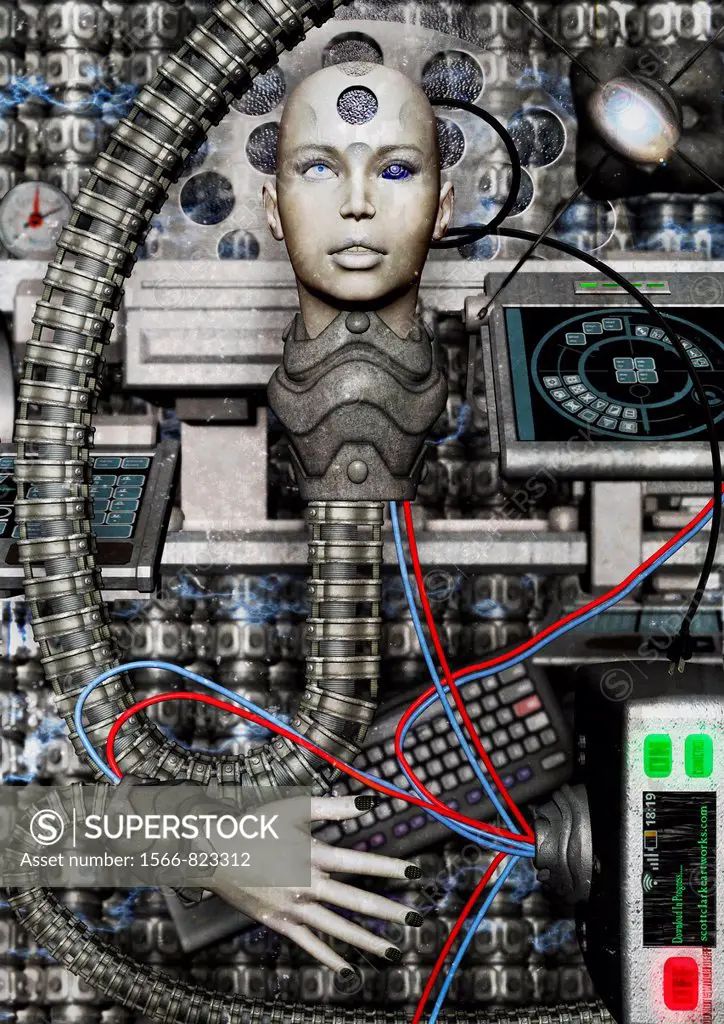 3d image of cyborg connected to internet