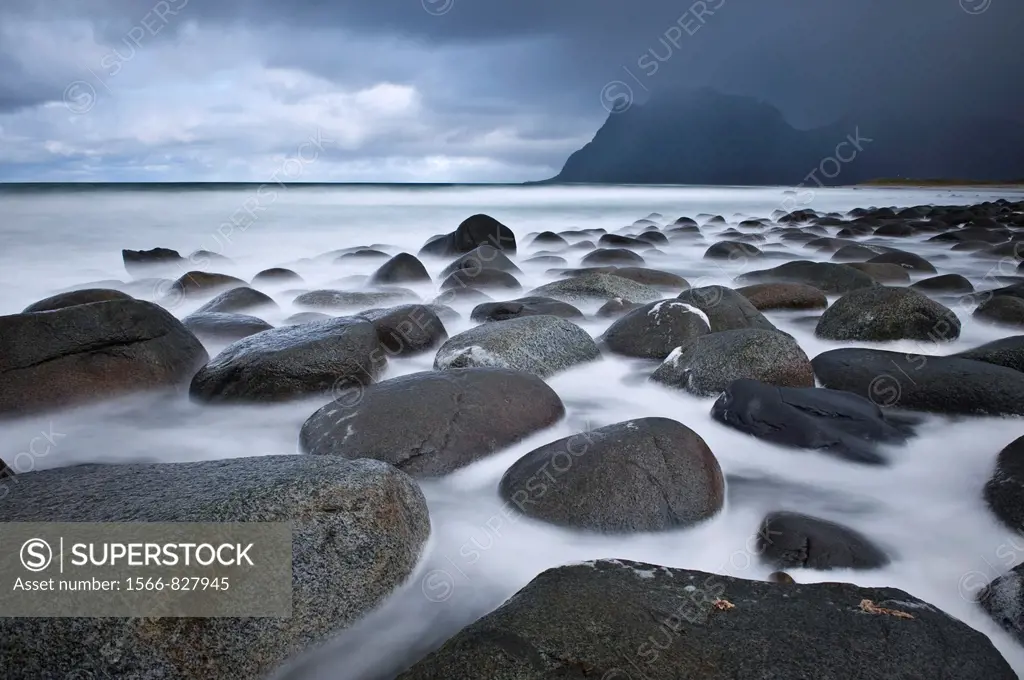 Tidal rock at Utakleiv beach, Vestvagøy, Lofoten islands, Norway