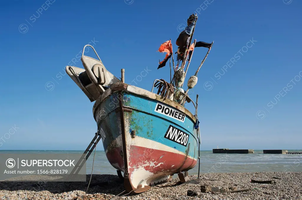 Fishing boat on the beach, known as the Stade, Hastings, East Sussex, England, UK