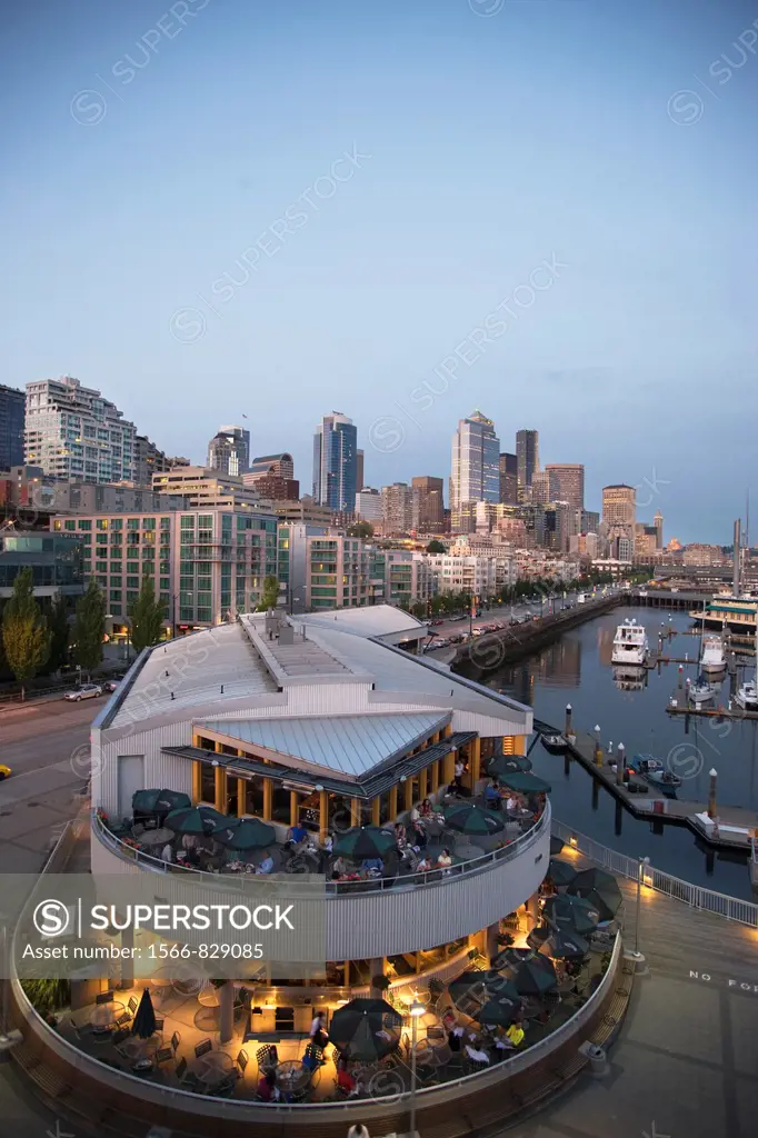 Outdoor Restaurant Pier 66 Bell Street Marina Elliot Bay Downtown Skyline Seattle Washington State USA