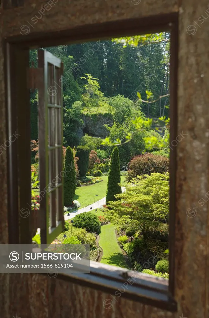 View Of Sunken Garden Butchart Gardens Through Window Frame Victoria Vancouver Island British Columbia Canada