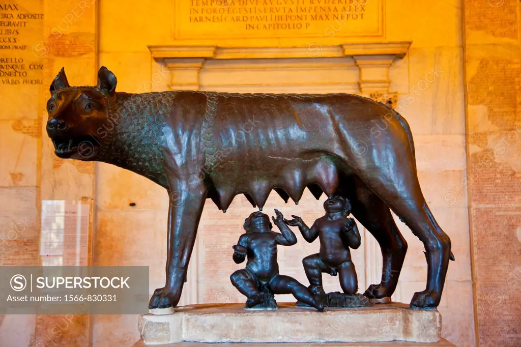 The sculpture ´Lupa Capitolina´ of a bronze wolf and Romulus and Remus standing in the Palazzo dei Conservatori in Rome, Lazio, Italy