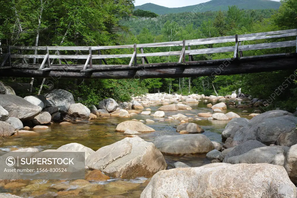 Pemigewasset Wilderness - Footbridge, which crosses the East Branch of the Pemigewasset River along the Thoreau Falls Trail at North Fork Junction in ...