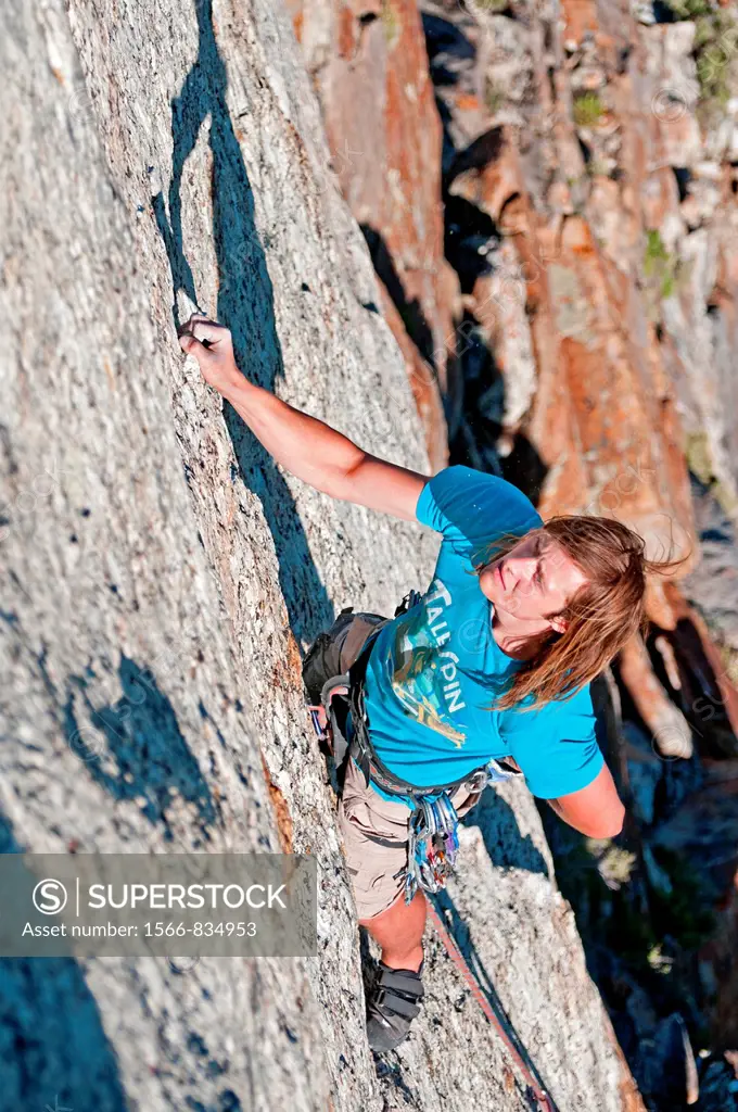 Rock climbing a route called Archangel which is rated 5,10 and located on The Angel Lake Crag above Angel Lake high in the East Humboldt Mountains of ...