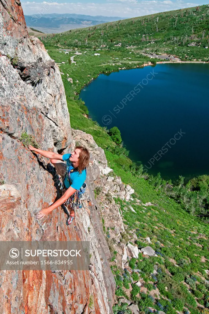 Rock climbing a route called Angel Toes which is rated 5,10 and located on The Angel Lake Crag above Angel Lake high in the East Humboldt Mountains of...