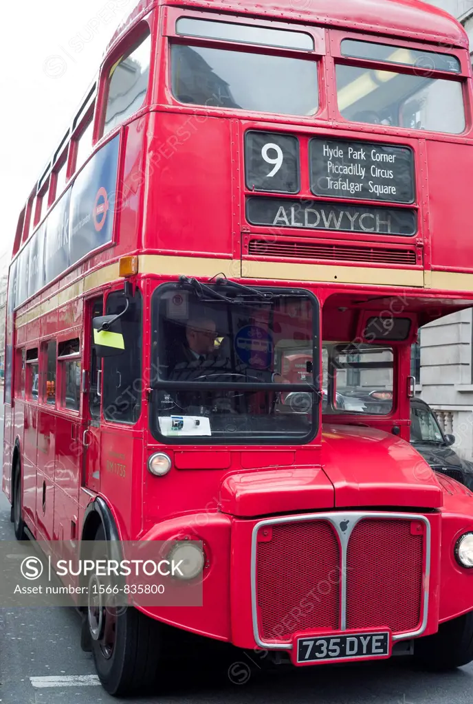 Routemaster double decker bus operating on heritage route 9 between Royal Albert Hall and Aldwych, London, England