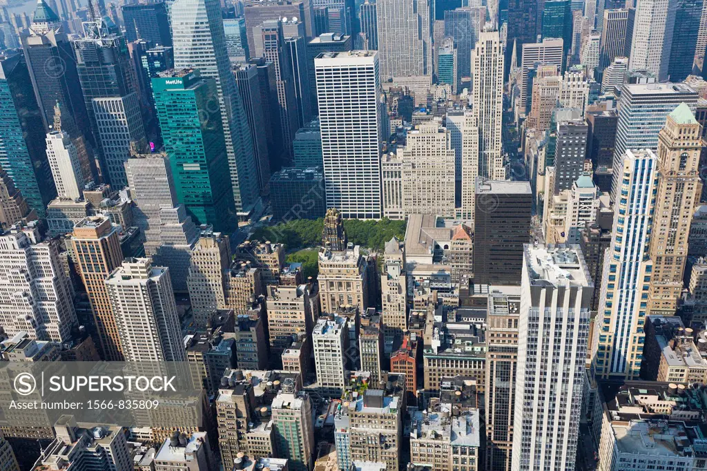 Looking down on Manhattan buildings from the top of Empire State Building in New York City