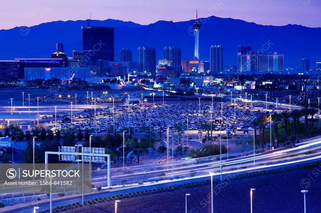 USA, Nevada, Las Vegas, view of The Strip, Las Vegas Boulevard from McCarran International Airport, dusk