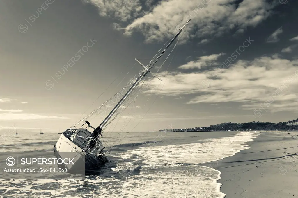 USA, California, Southern California, Santa Barbara, storm wrecked yacht, East Beach