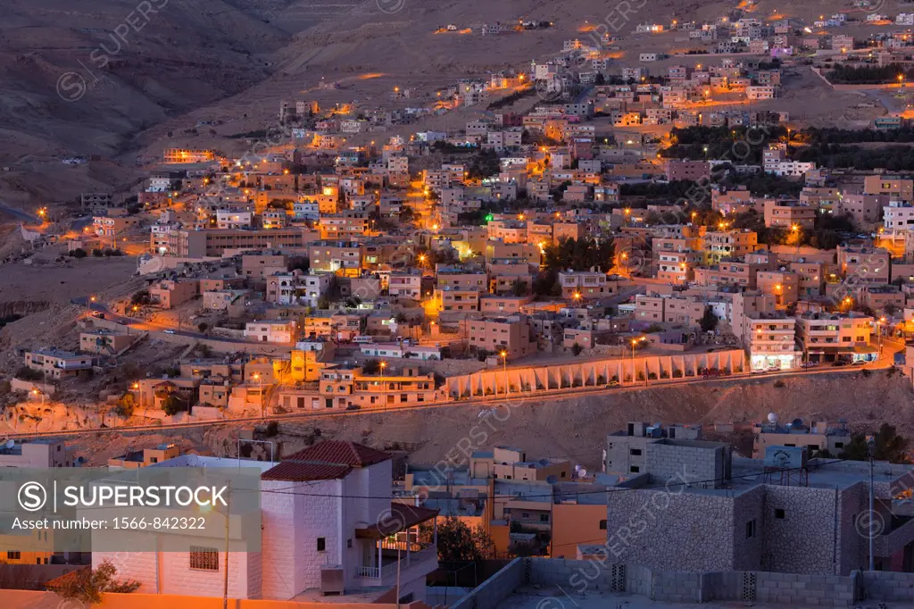 Jordan, Petra-Wadi Musa, elevated view of the new town of Wadi Musa, evening