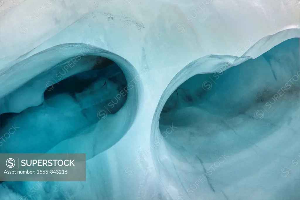 Tunnel in crevasse ice wall, Franz Josef Glacier, Westland National Park, West Coast, South Island, New Zealand
